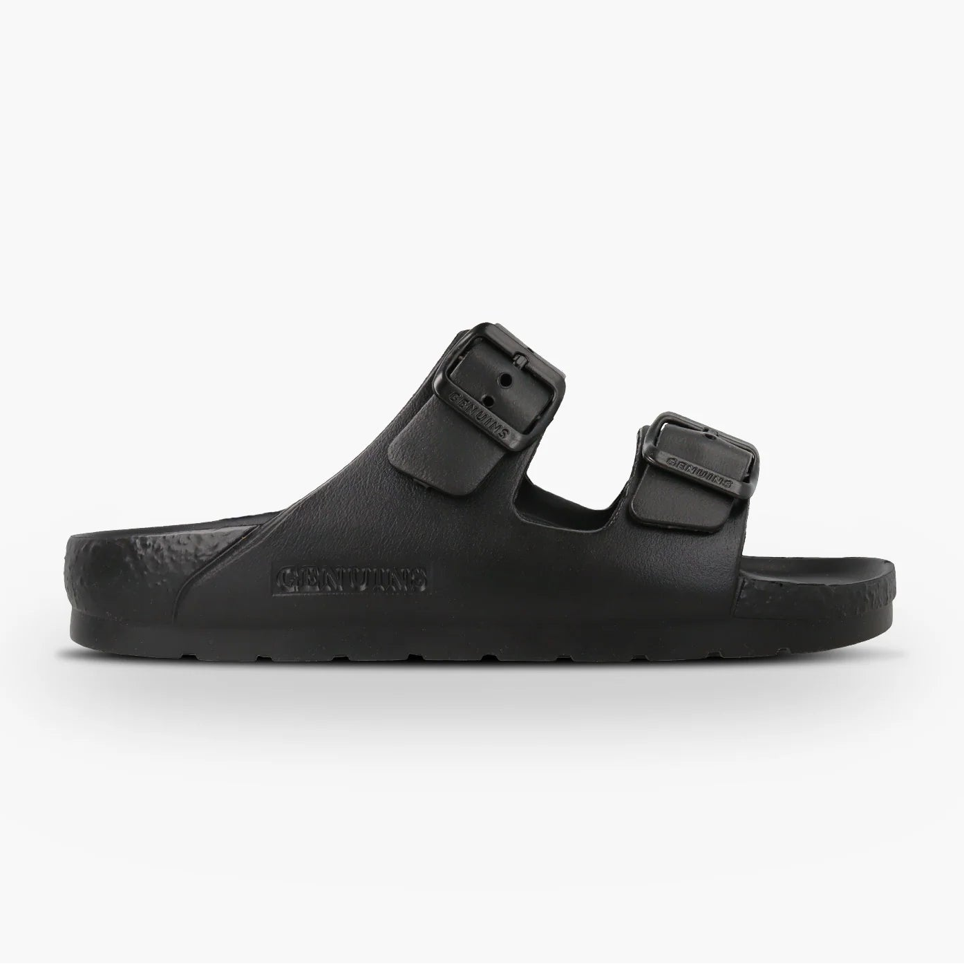 Black sandal with two straps on a white background