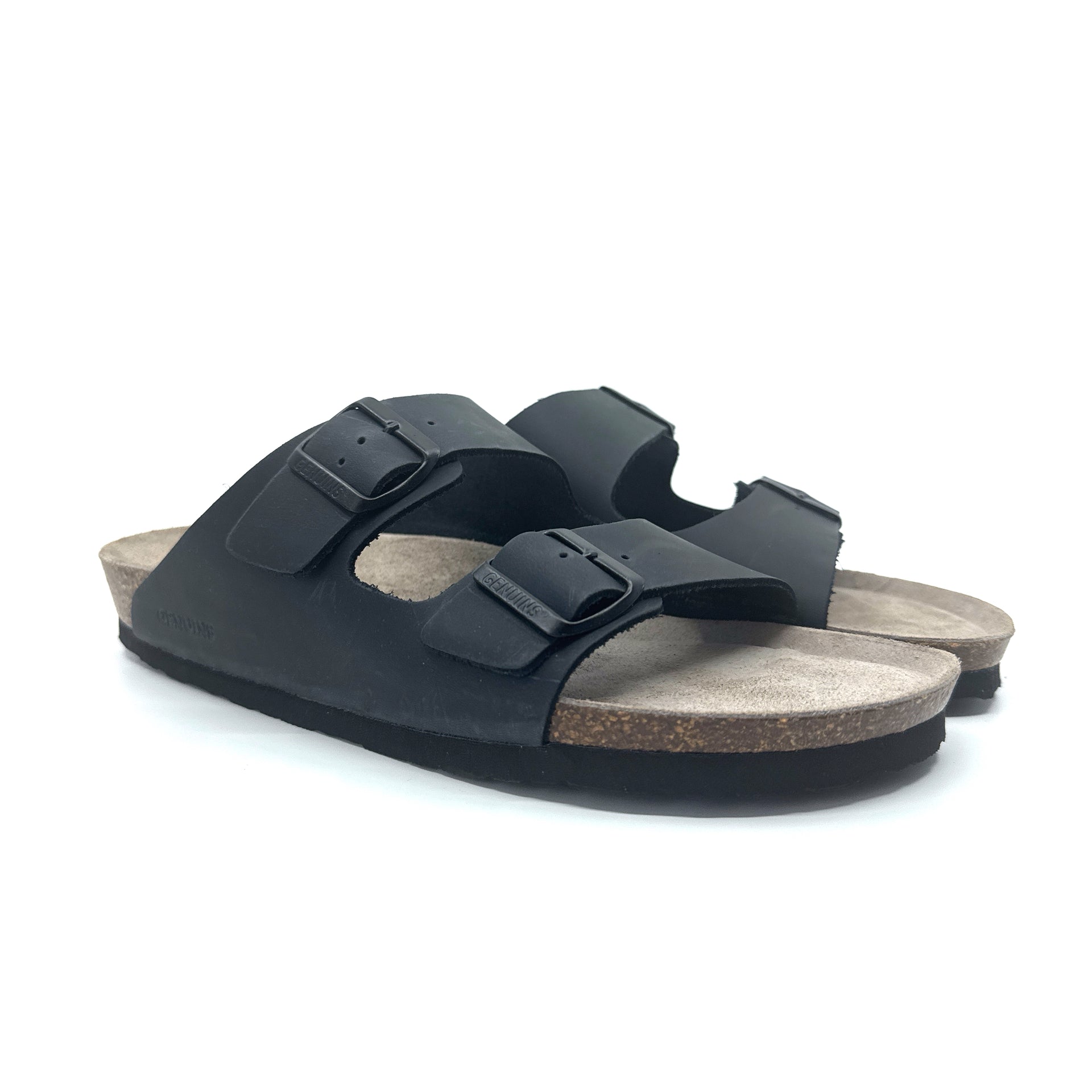 Genuins Hawaii two-strap oiled leather sandal in Black, made in Spain